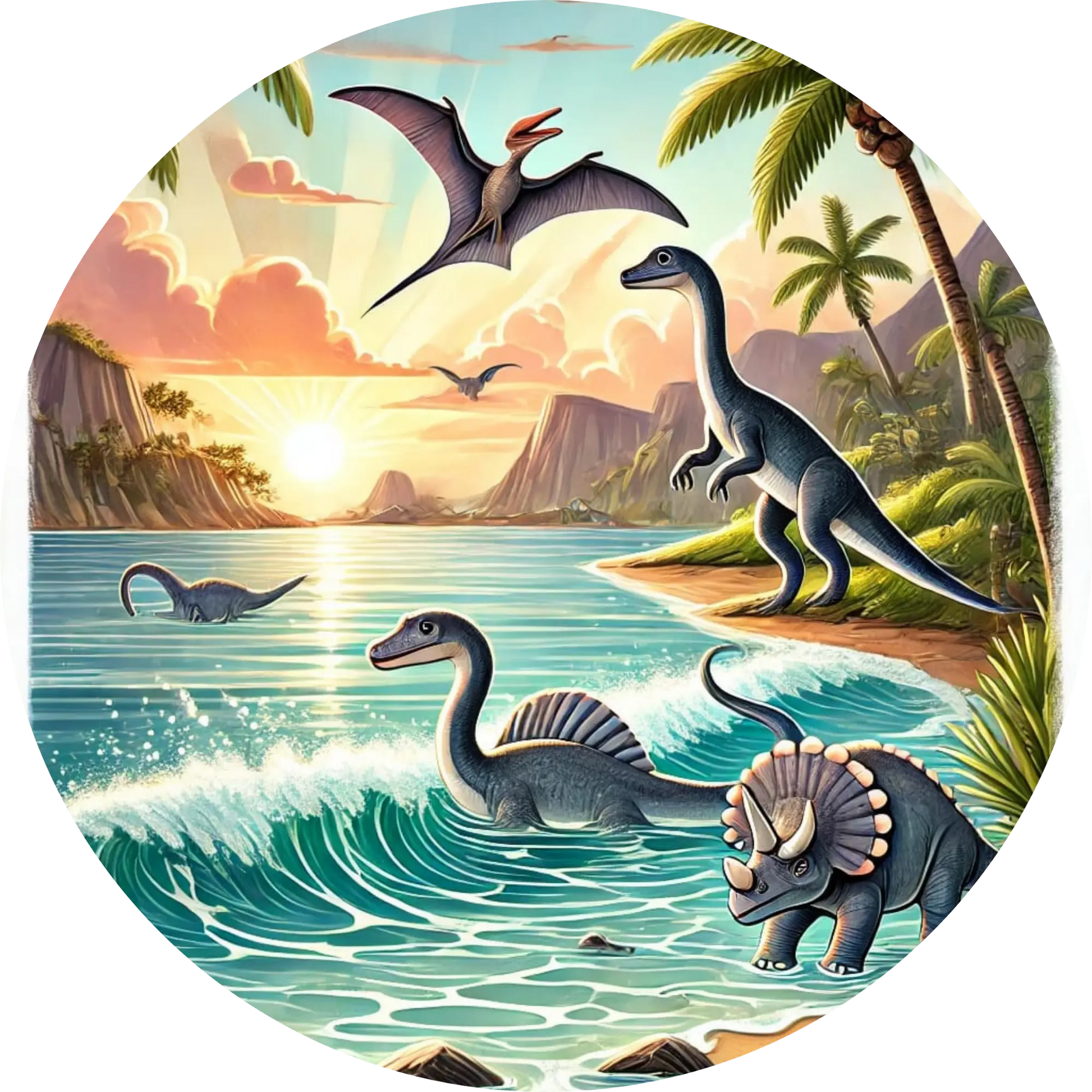 Verschiedene Dinos im prähistorischen Wald mit Vulkankulisse