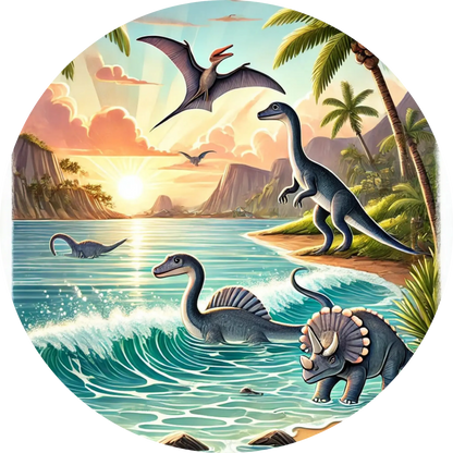 Verschiedene Dinos im prähistorischen Wald mit Vulkankulisse