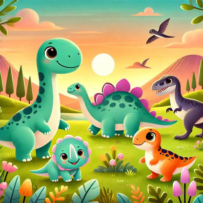 Bunte Cartoon-Dinosaurier auf einer Wiese bei Sonnenuntergang