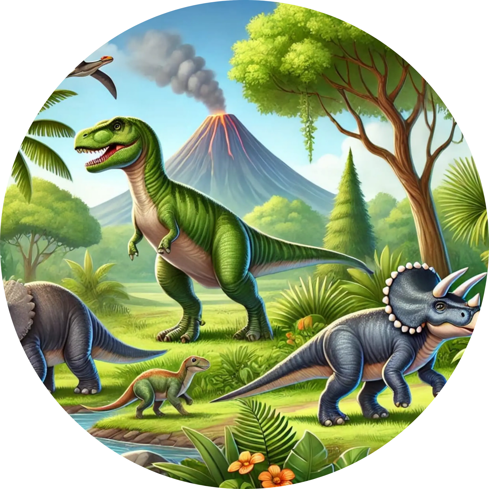 Dino-Szene mit zwei Raptoren, einem Flugsaurier und Dschungelhintergrund