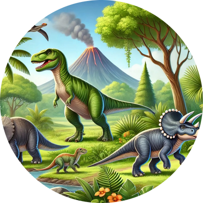 Dino-Szene mit zwei Raptoren, einem Flugsaurier und Dschungelhintergrund