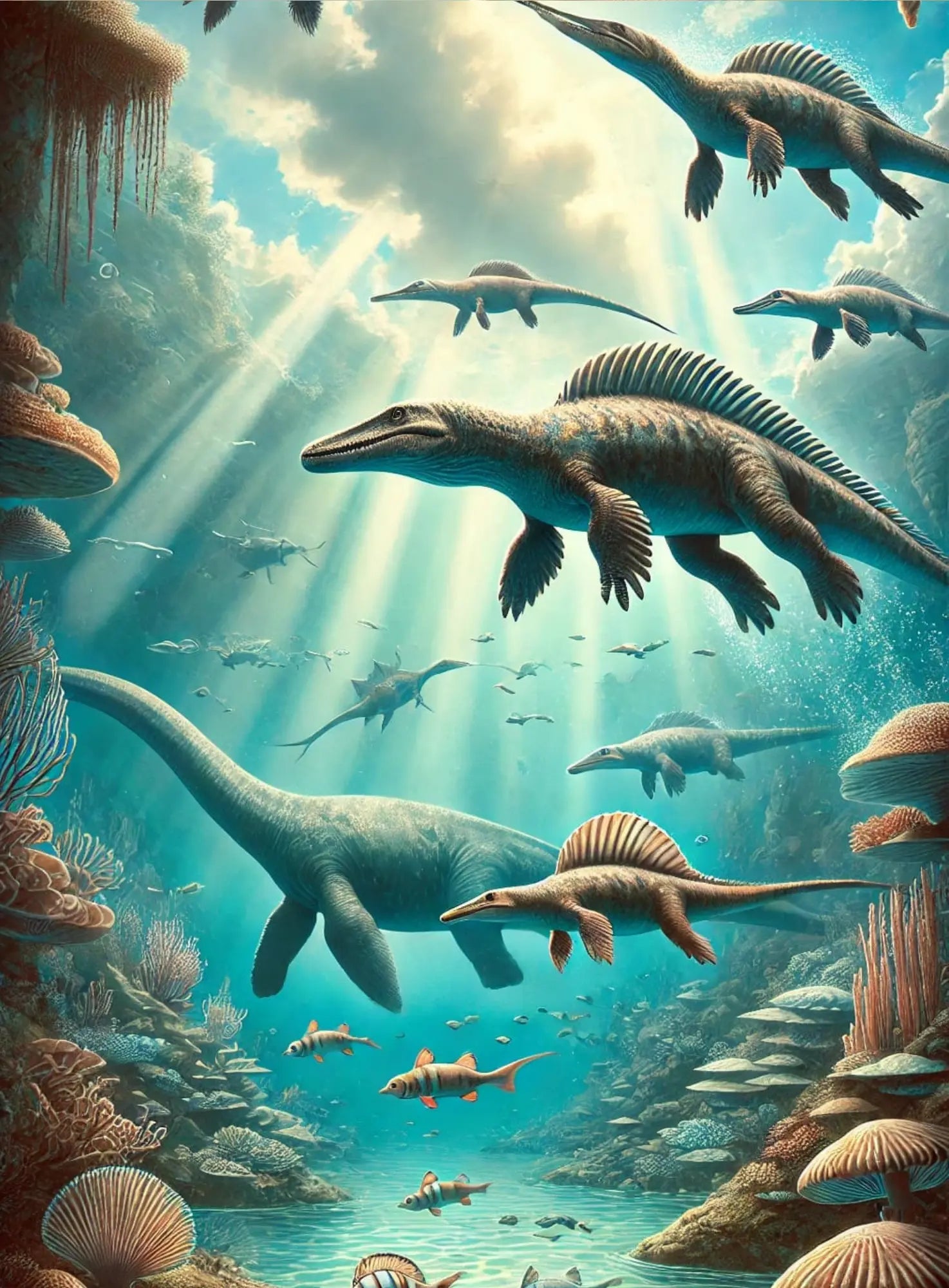 Unterwasserszene mit Meeresdinosauriern, Fischen und Algen in bläulicher Farbgebung.