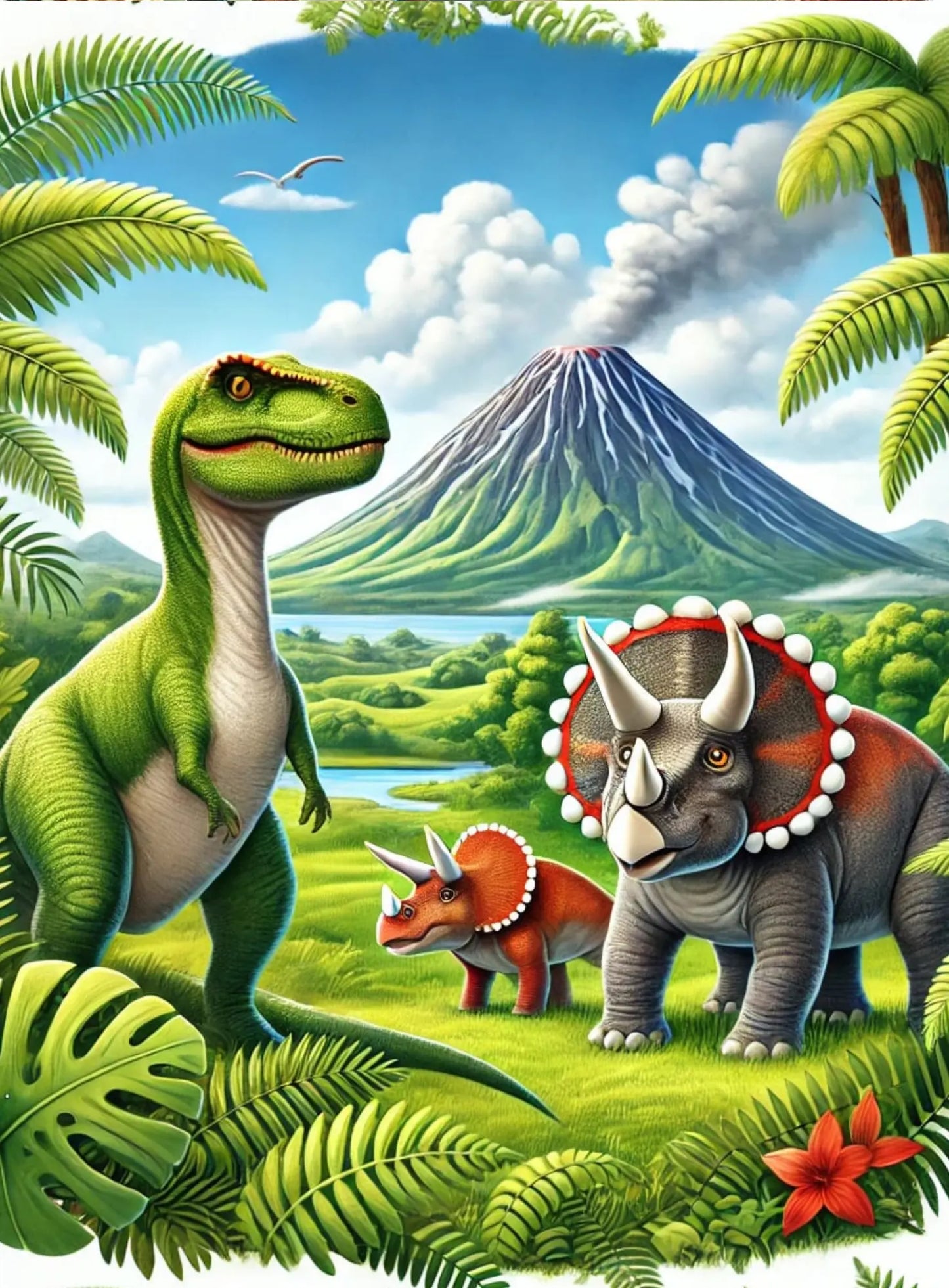 Mehrere Dinosaurier, darunter ein grüner Pflanzenfresser und zwei Triceratops, stehen auf einer grünen Wiese vor einem rauchenden Vulkan im Hintergrund.