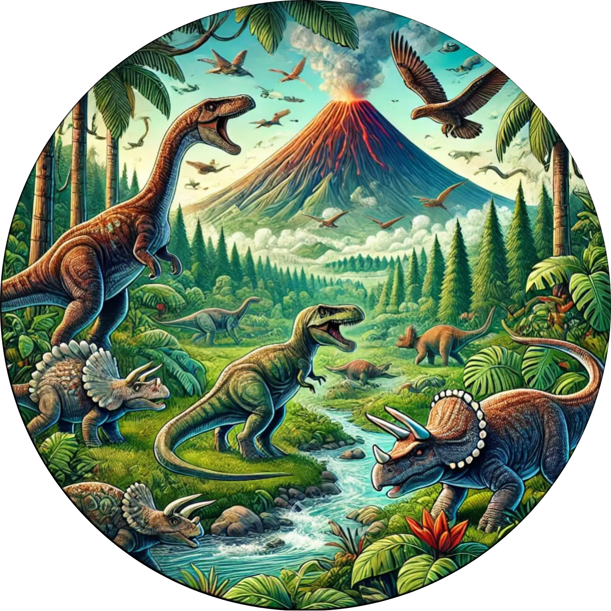 Mehrere Dinosaurierarten in grüner Landschaft mit Vulkankulisse – realistisch, aber kindgerecht