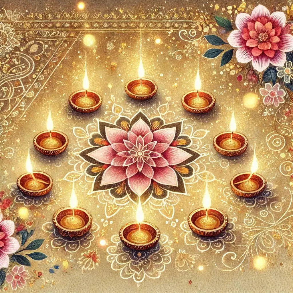 Goldene Lampen und Blüten auf stilisiertem Diwali-Festaufleger