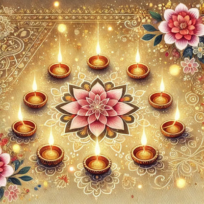 Goldene Lampen und Blüten auf stilisiertem Diwali-Festaufleger