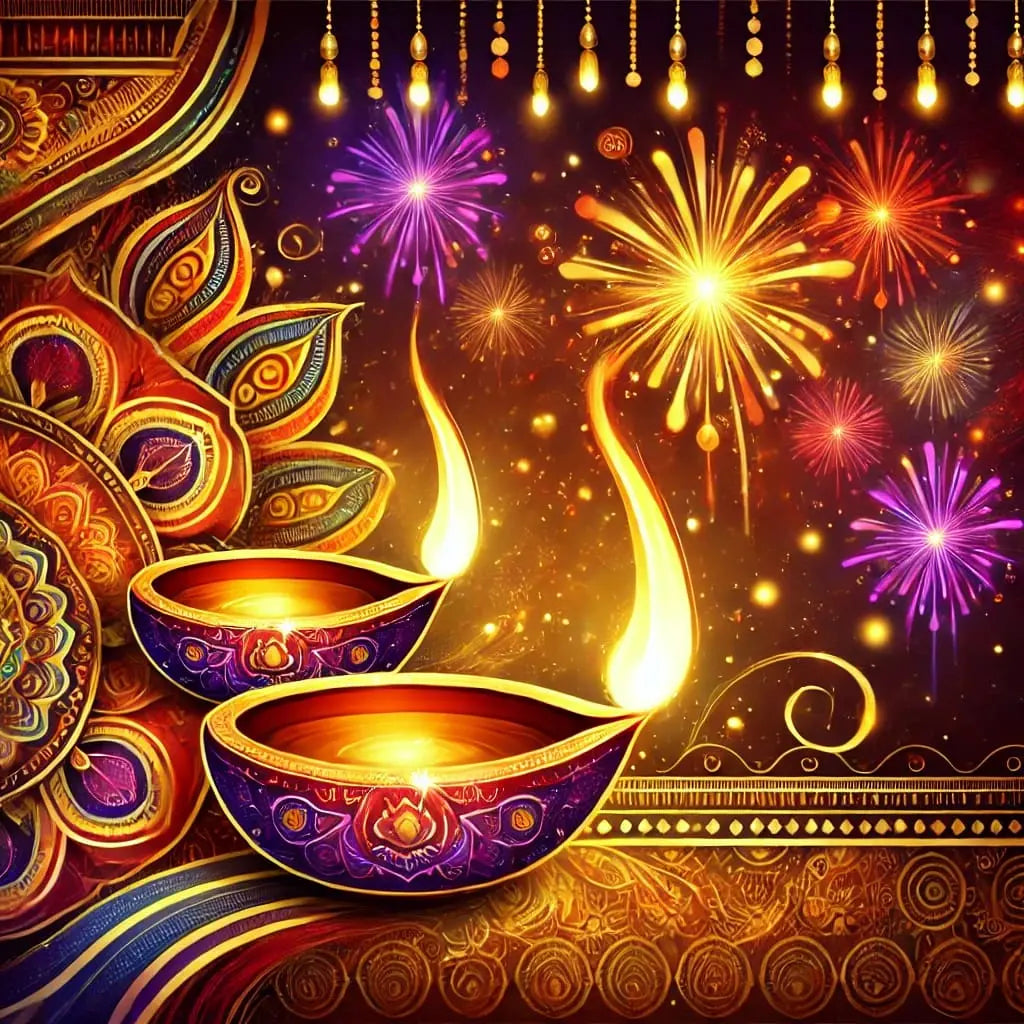 Diwali mit Diyas & Feuerwerk – Detailreiche Szene des indischen Lichterfests Diwali mit traditionellen Diyas (Öllampen), Mandalas und buntem Feuerwerk.