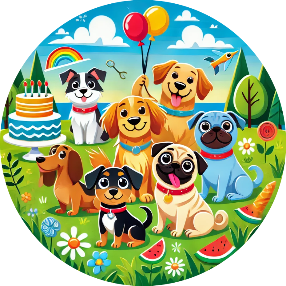 Comic-Hunde mit Partyhüten, Ballons und Kuchen feiern auf einer grünen Wiese