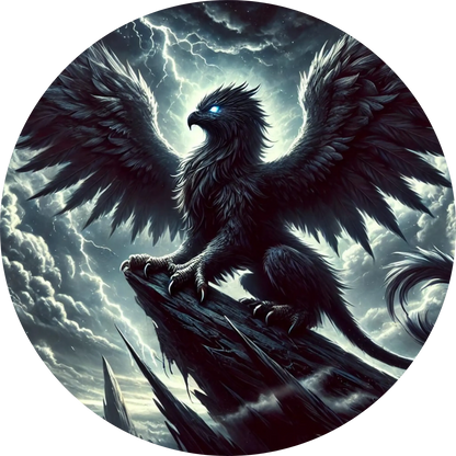 Dunkler Phoenix auf Felsen mit donnernder Kulisse