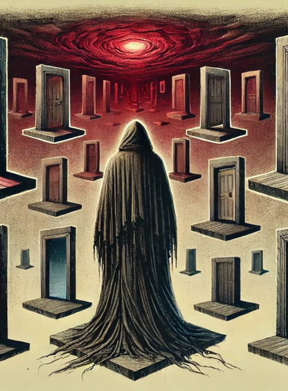 Geheimnisvolle Figur mit Kapuze steht vor einer Vielzahl alter Türen in verschiedenen Formen und Größen. Die Türen sind chaotisch auf rotem Untergrund verteilt und scheinen in einer surrealen, labyrinthartigen Welt zu schweben. Die Szene wirkt unheimlich und symbolträchtig – wie aus einem düsteren Traum.
