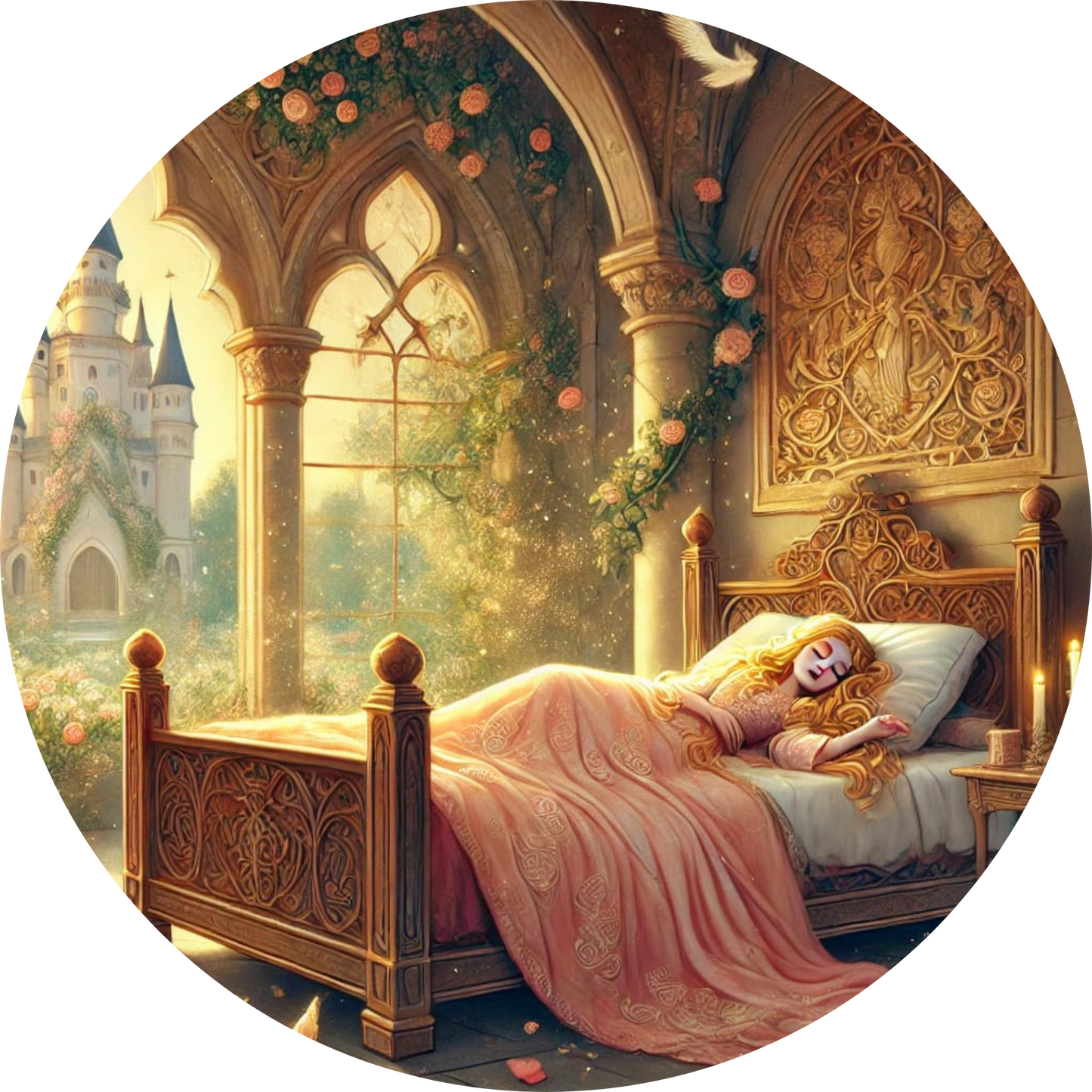 ärchenszene mit Dornröschen, schlafend auf einem goldenen Bett in einem verwunschenen Schlosszimmer
