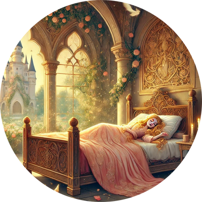 ärchenszene mit Dornröschen, schlafend auf einem goldenen Bett in einem verwunschenen Schlosszimmer
