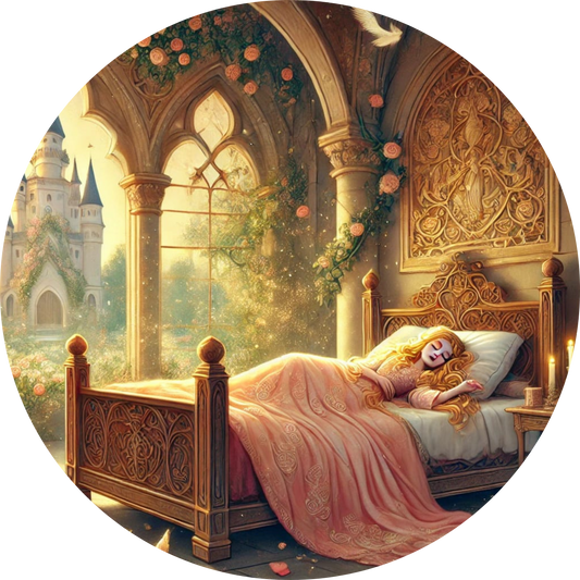 ärchenszene mit Dornröschen, schlafend auf einem goldenen Bett in einem verwunschenen Schlosszimmer
