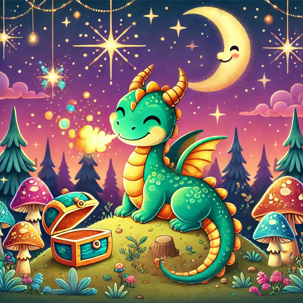 Niedlicher grüner Baby-Drache unter Sternenhimmel mit Schatztruhe im Wald