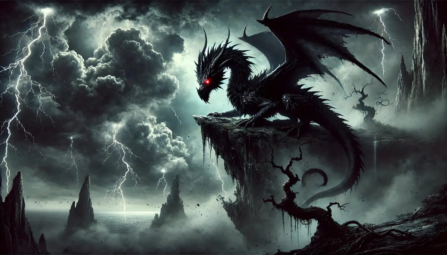 Schwarzer Drache vor Gewitterhimmel – Ein düsterer Drache fliegt dramatisch durch eine bedrohlich dunkle Gewitterlandschaft.