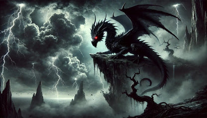 Schwarzer Drache vor Gewitterhimmel – Ein düsterer Drache fliegt dramatisch durch eine bedrohlich dunkle Gewitterlandschaft.