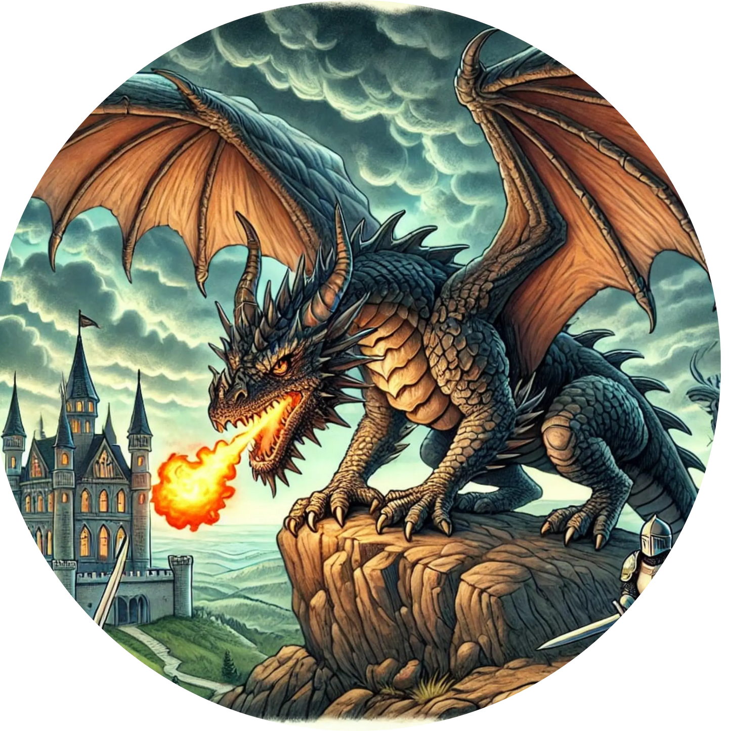 Drache auf Felsen mit mittelalterlicher Stadt im Hintergrund

