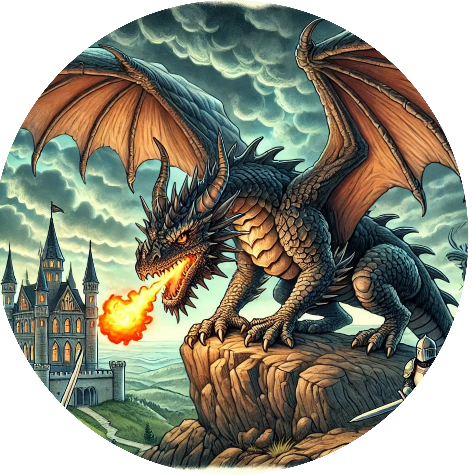 Drache auf Felsen mit mittelalterlicher Stadt im Hintergrund

