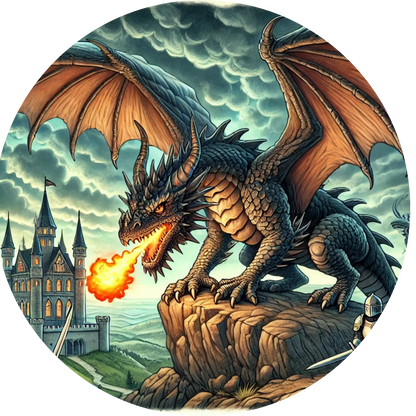 Drache auf Felsen mit mittelalterlicher Stadt im Hintergrund

