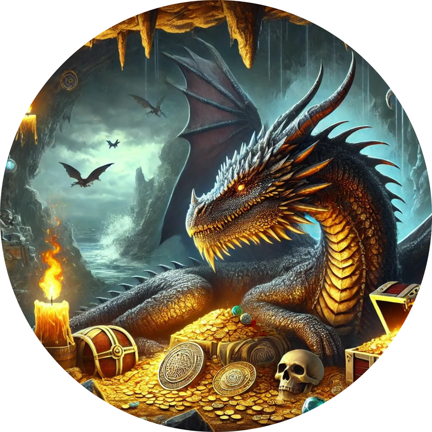 Dunkelgoldener Drache auf Schatzhügel in leuchtender Höhle