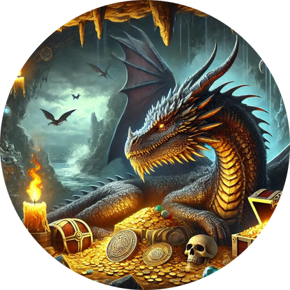 Dunkelgoldener Drache auf Schatzhügel in leuchtender Höhle