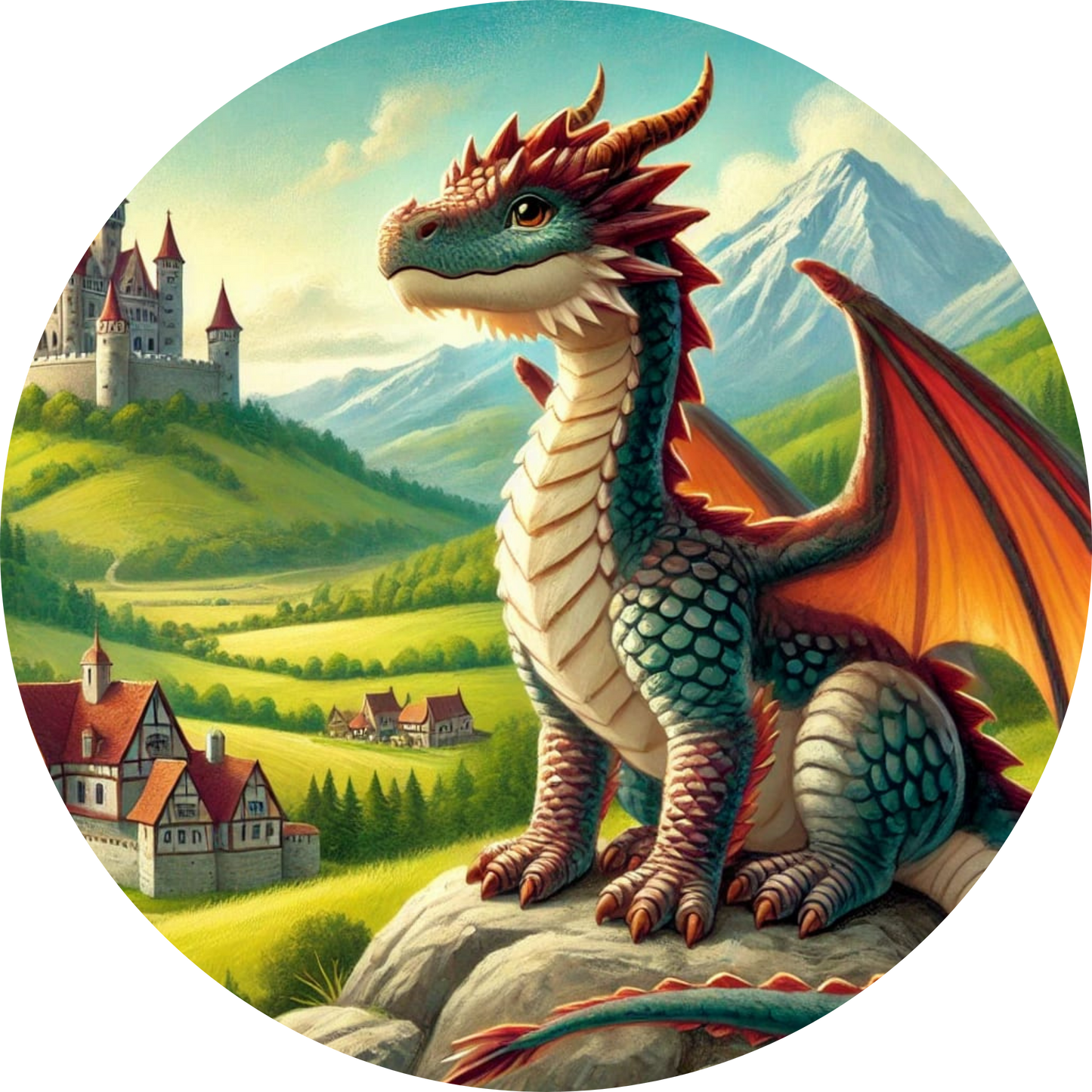 Bunter Drache bewacht eine Burg in hügeliger Landschaft