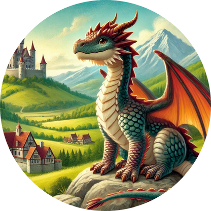 Bunter Drache bewacht eine Burg in hügeliger Landschaft