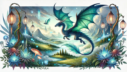 Zwei grüne Drachen im Ornamentrahmen – Märchenhafte Szene mit zwei sich begegnenden Drachen in einem kunstvoll gerahmten Fantasy-Design.