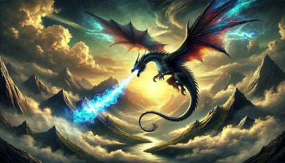 Ein blauer Drache fliegt durch eine goldene Himmelslandschaft – dramatisch und energiegelade