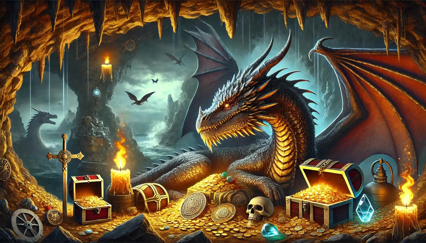 Mystischer Drache bewacht einen Schatz in einer dunklen Höhle, umgeben von Gold und leuchtenden Artefakten