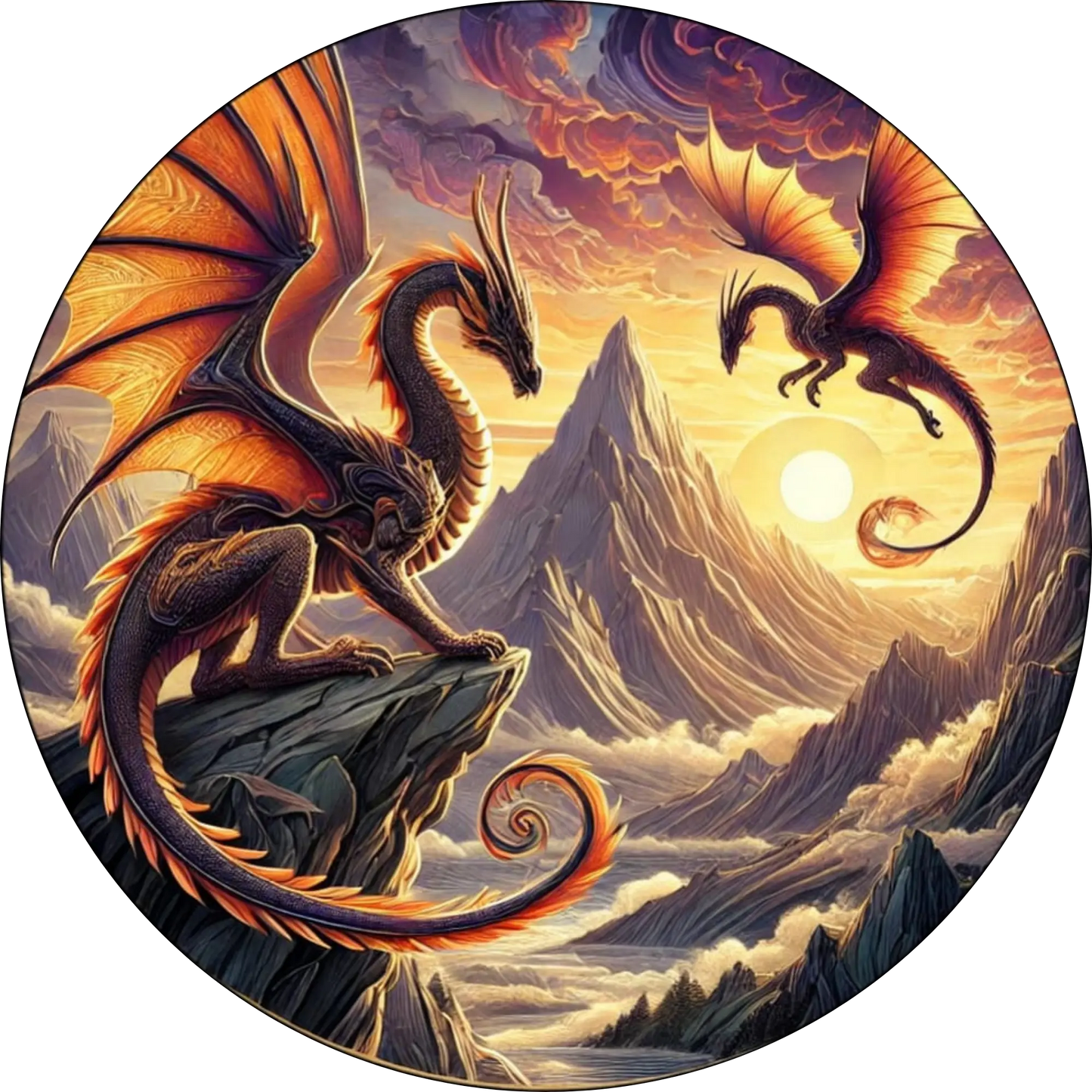 Zwei Drachen – ineinander verwoben vor dramatischer Landschaft