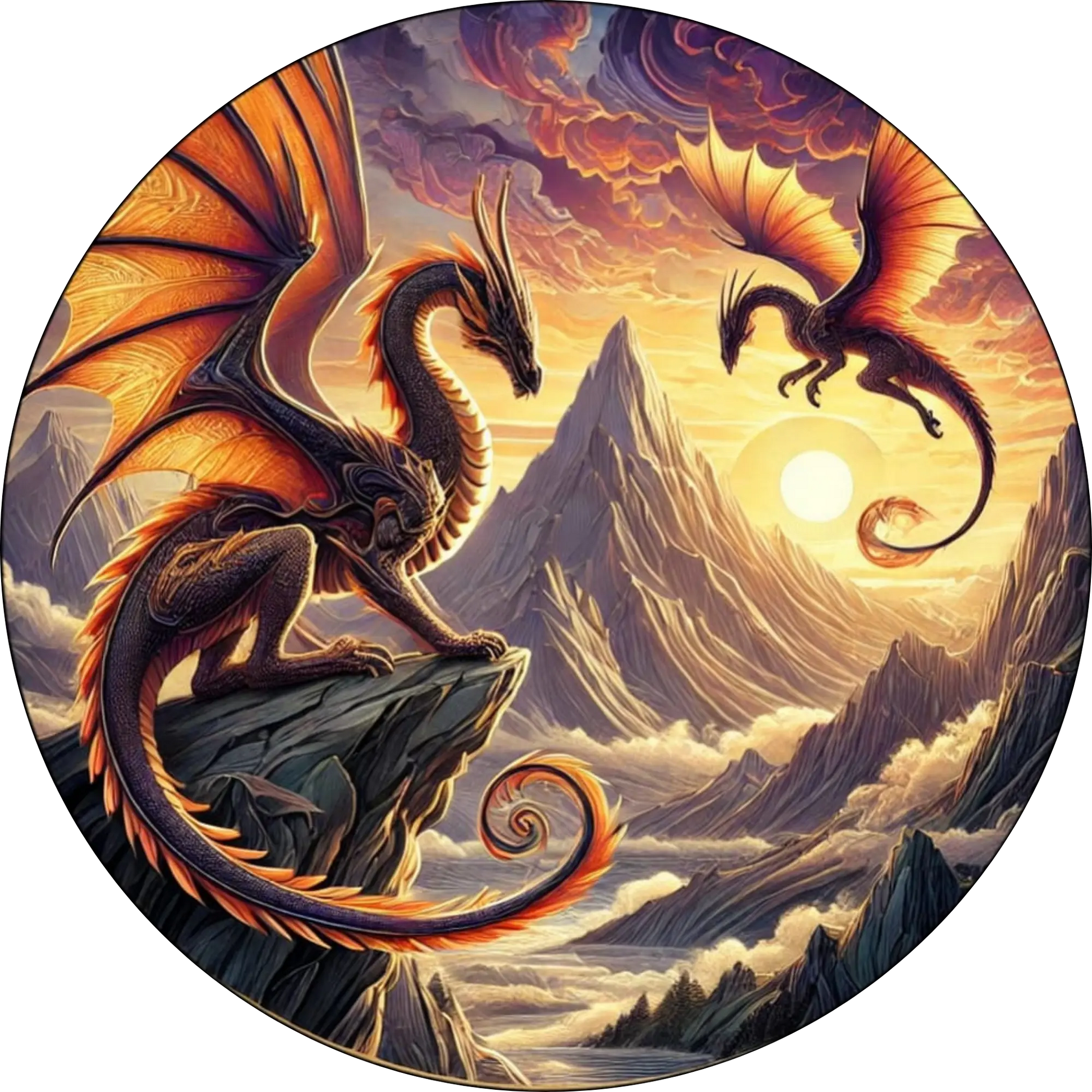 Zwei Drachen – ineinander verwoben vor dramatischer Landschaft