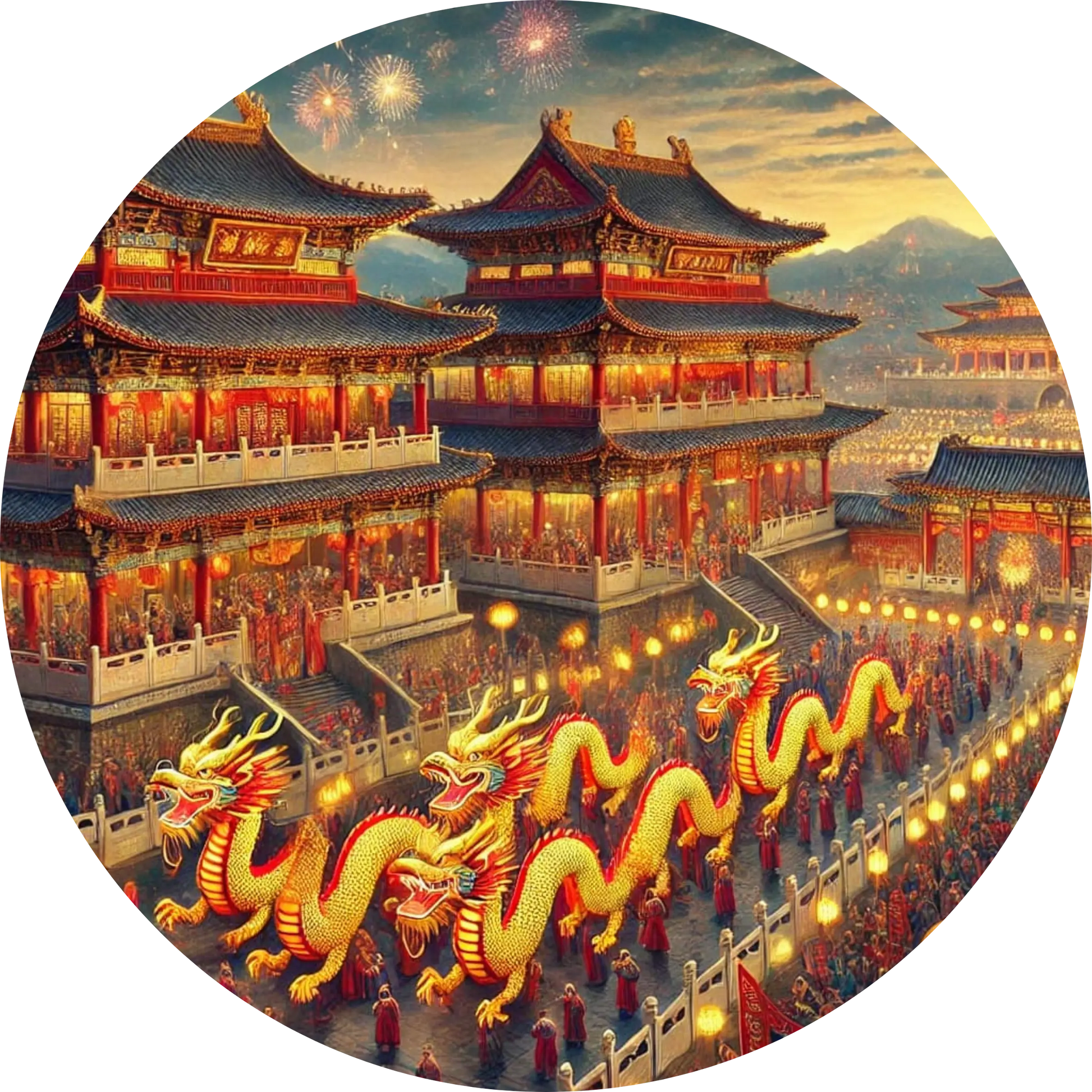 Drachenfest mit geschmücktem Palast und Lichterzug – chinesisches Neujahrsfest