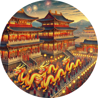 Drachenfest mit geschmücktem Palast und Lichterzug – chinesisches Neujahrsfest