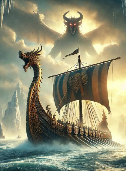 Wikingerschiff mit Drachenkopf-Schnitzerei – auf stürmischer See.