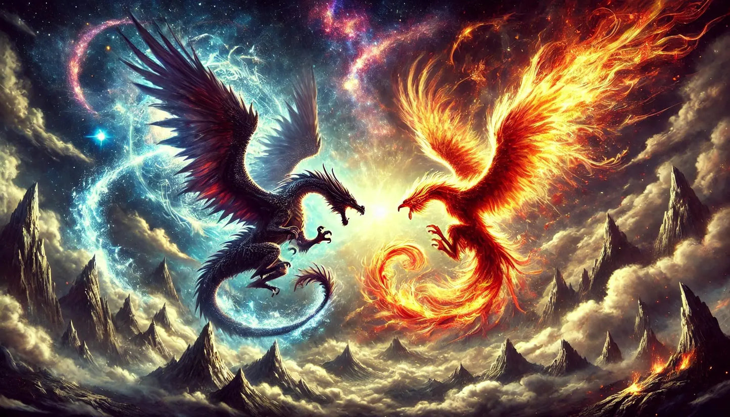 Dramatischer Drachenkampf, zwei mächtige Kreaturen in Feuer und Donner verwickelt