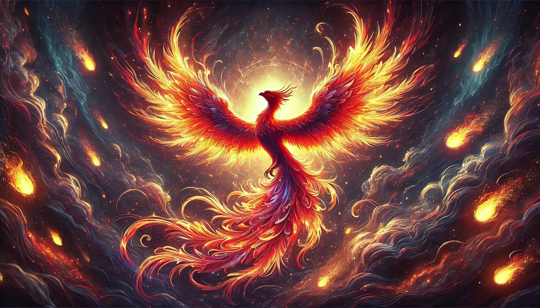 Phönix mit orangefarbenem Gefieder, der sich dramatisch aus lodernden Flammen erhebt