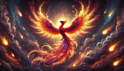 Phönix mit orangefarbenem Gefieder, der sich dramatisch aus lodernden Flammen erhebt