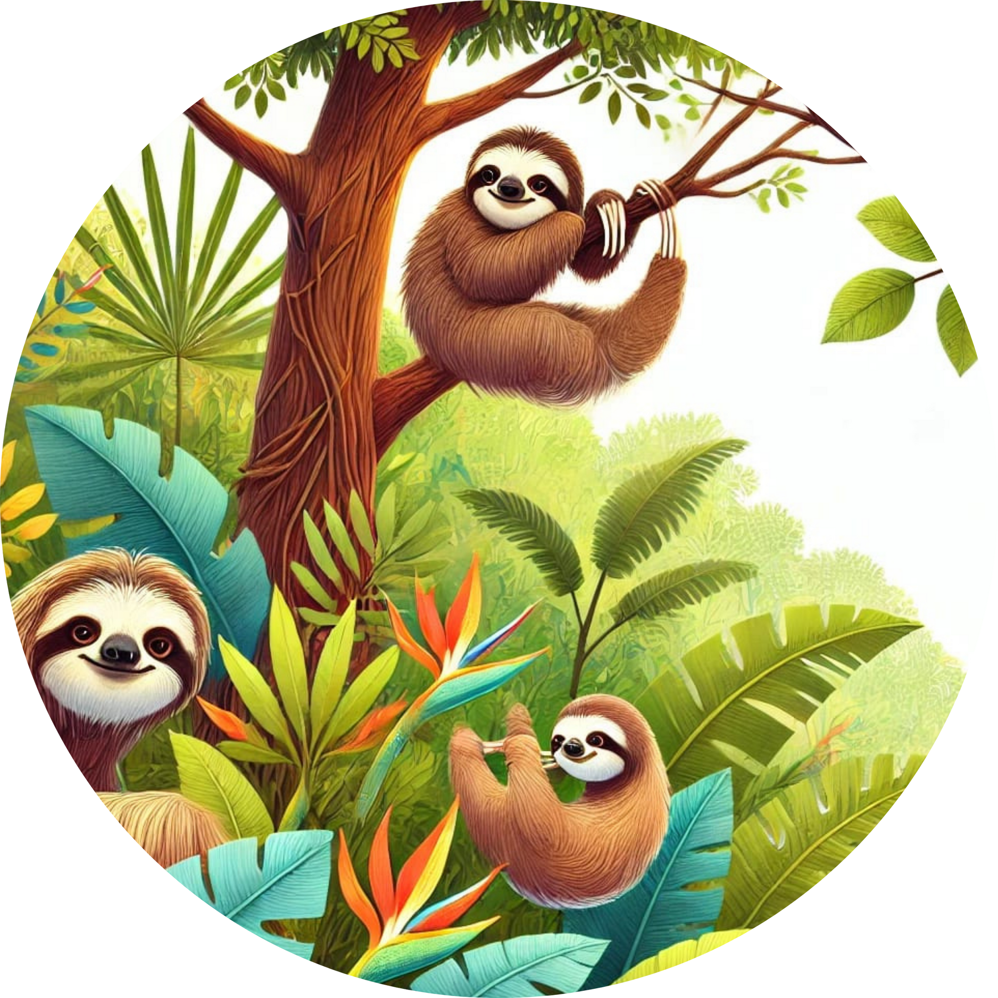 Drei verspielte Faultiere hängen an Ästen im Urwald