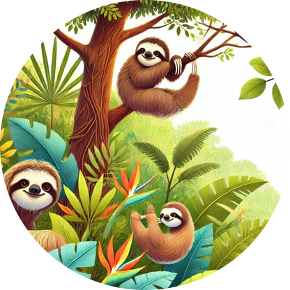 Drei verspielte Faultiere hängen an Ästen im Urwald