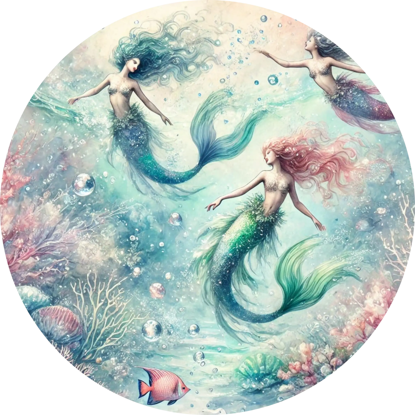 Drei Meerjungfrauen in sprudelndem Wasserwirbel im Aquarell Design