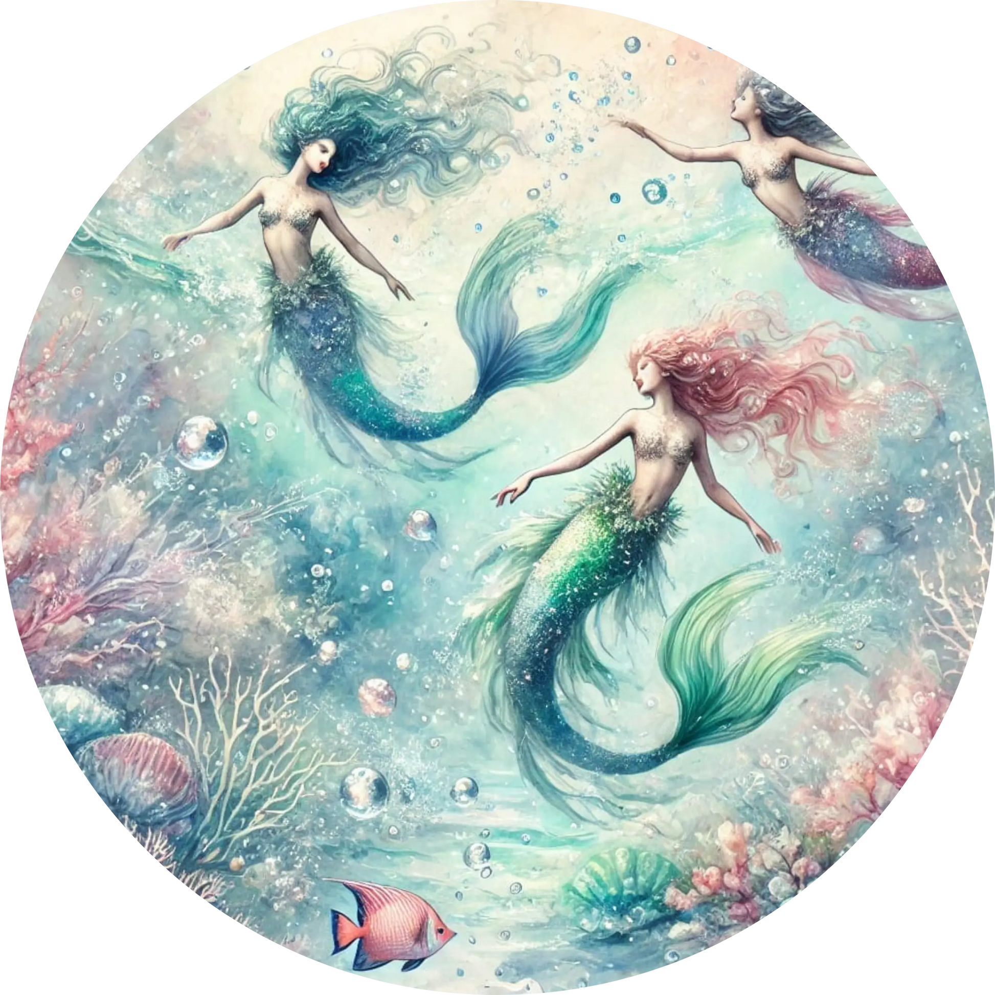 Drei Meerjungfrauen in sprudelndem Wasserwirbel im Aquarell Design