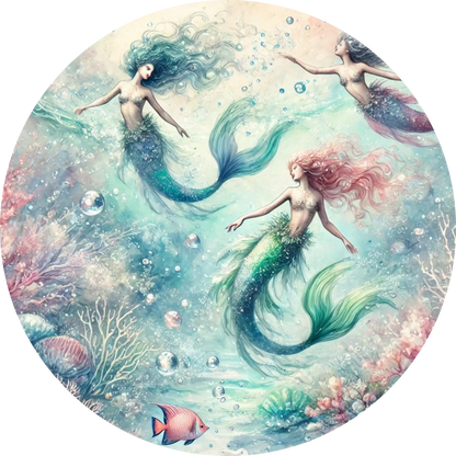 Drei Meerjungfrauen in sprudelndem Wasserwirbel im Aquarell Design