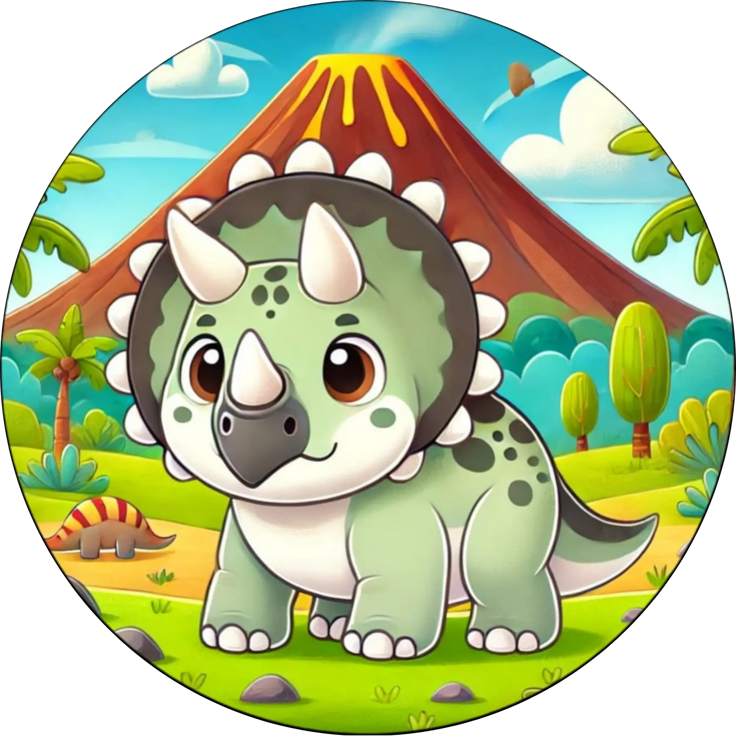 Freundlicher Dino mit grüner Haut und kleinem Vulkanausbruch im Hintergrund – stilisierte Darstellung