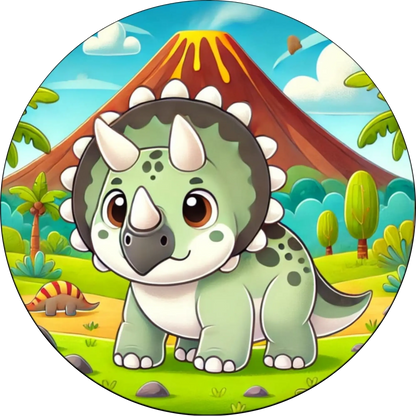 Freundlicher Dino mit grüner Haut und kleinem Vulkanausbruch im Hintergrund – stilisierte Darstellung