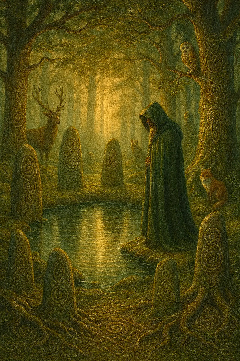 Druide am heiligen See: Kapuzengestalt an einem Druidenkreis mit keltischen Steinen im mystischen Wald.