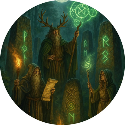 Mystische Druidenversammlung im Wald – Drei keltische Druiden in dunklen Roben stehen zwischen Runensteinen und magischem Nebel, während grüne Symbole leuchten.