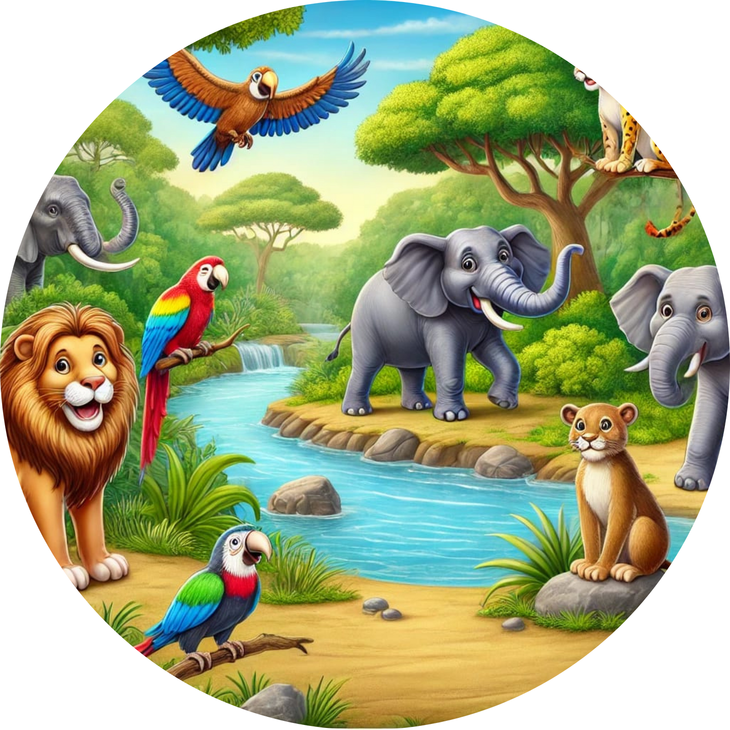Verschiedene fröhliche Tiere wie Löwe, Papageien und Elefanten im Dschungel