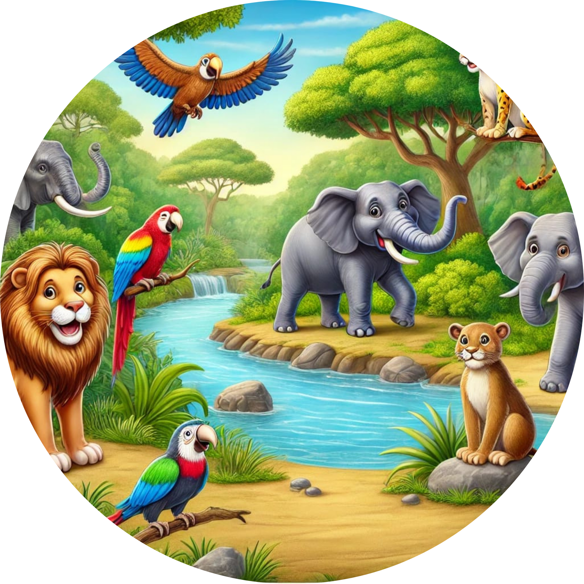 Verschiedene fröhliche Tiere wie Löwe, Papageien und Elefanten im Dschungel