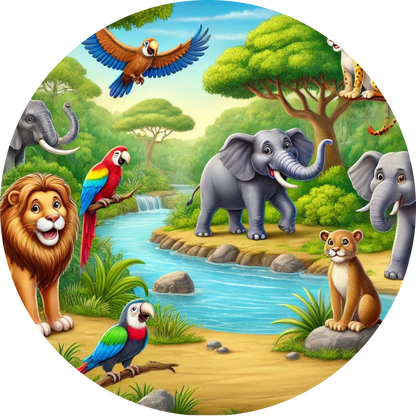 Verschiedene fröhliche Tiere wie Löwe, Papageien und Elefanten im Dschungel